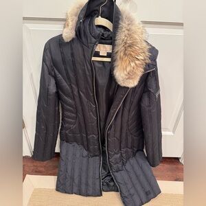 Women's Black Quilted Coat with Fur Trim (removable)